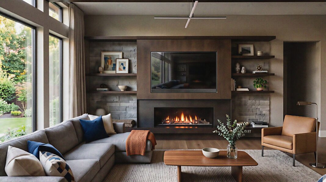 Modern fireplace wall ideas with TV, floating shelves, and sleek stone fireplace surround.