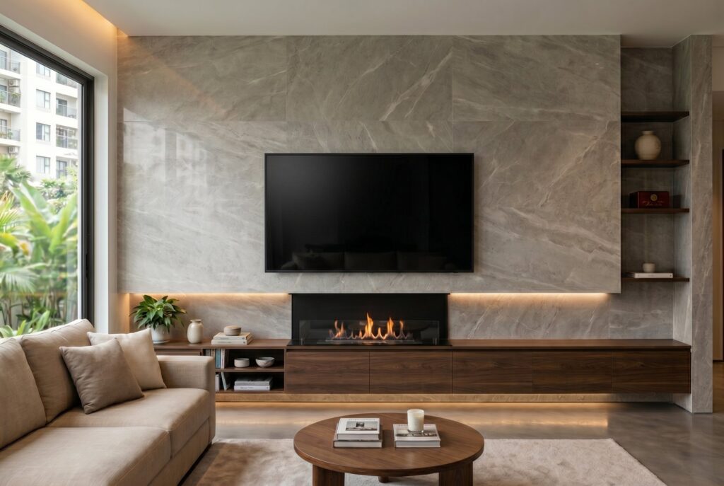 Large format porcelain tile fireplace wall ideas with TV and seamless media storage.
