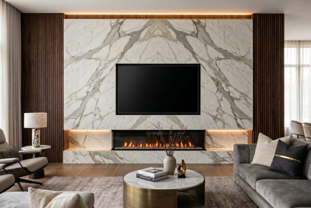 Luxury marble fireplace wall ideas with TV and bookmatched stone fireplace surround.