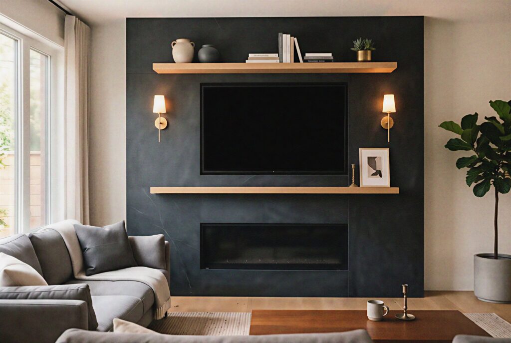 Dark soapstone fireplace wall with TV, floating wood shelf, and modern fireplace ideas.