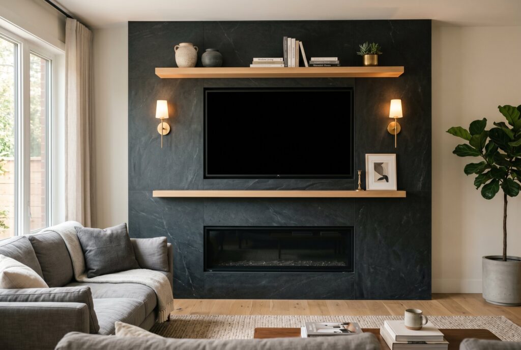 Dark soapstone fireplace wall with TV, floating wood shelf, and modern fireplace ideas.