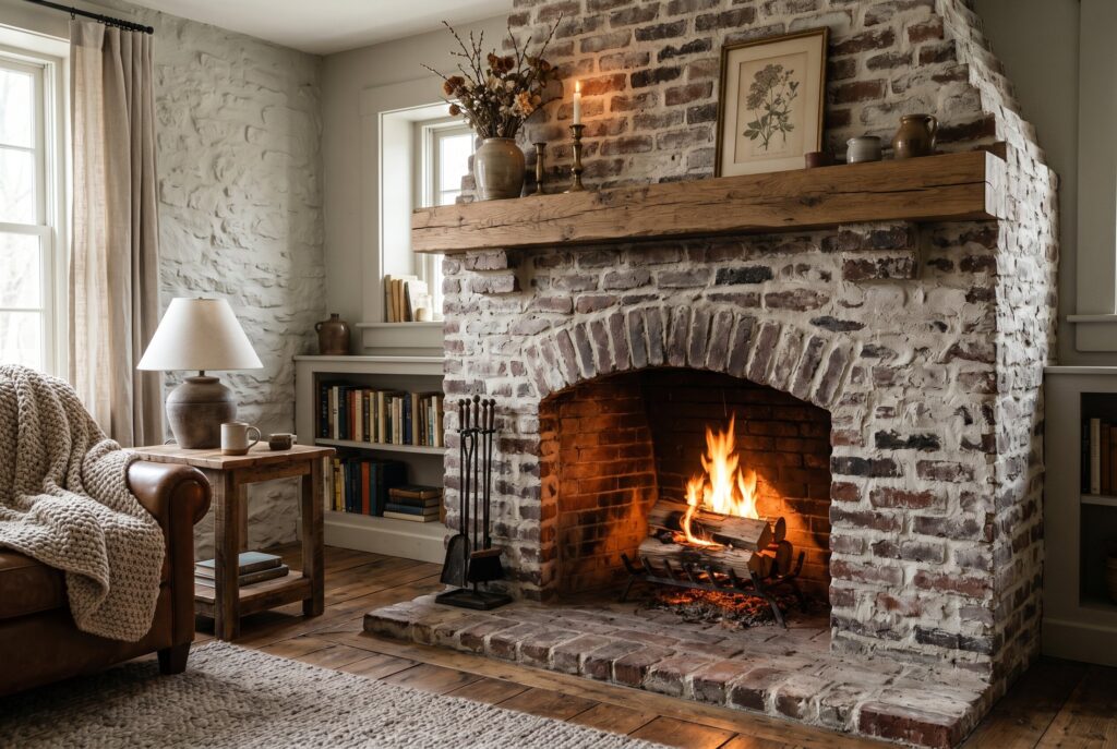 Modern painted brick fireplace ideas with warm neutral decor and built in shelving. 