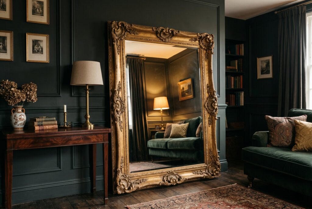 Ornate gilded mirror backdrop in dark academia living room with moody green walls. 
