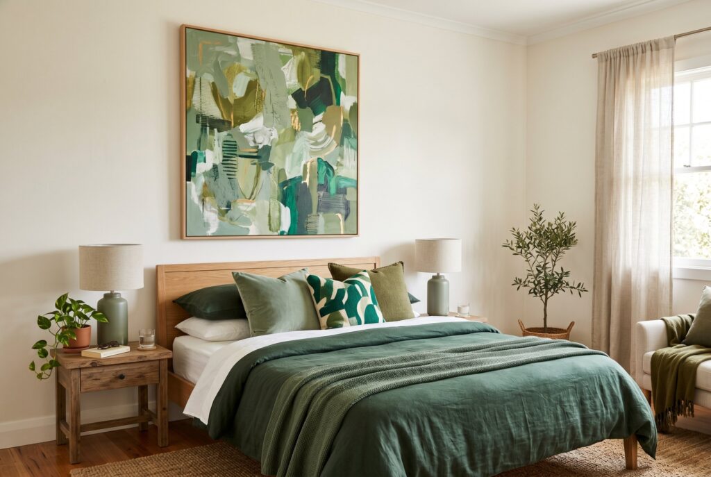 Green abstract wall art above bed with matching green bedding accents.