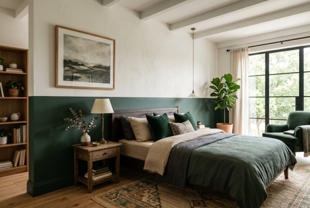 Dark green half wall bedroom ideas with cream upper walls and cozy neutral decor.