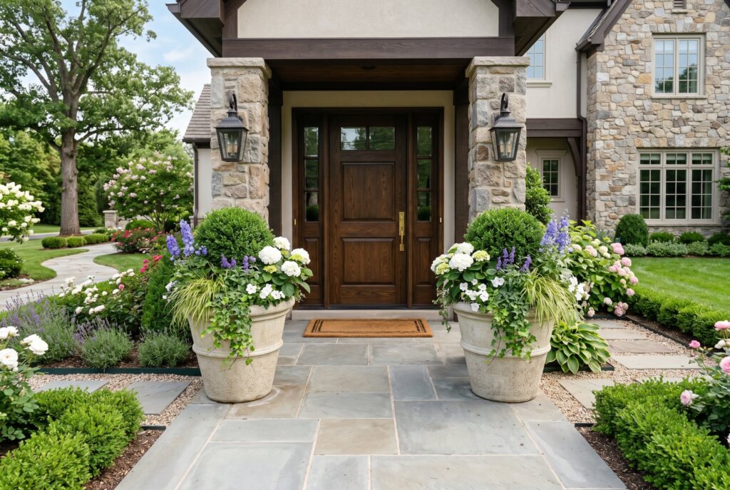 Matching front door planters with flowers and symmetrical entryway landscaping.