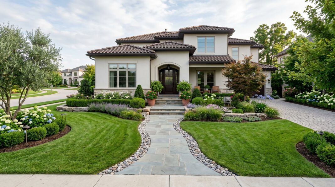 Cheap simple front yard landscaping ideas with curved walkway, mulch beds, and manicured shrubs.