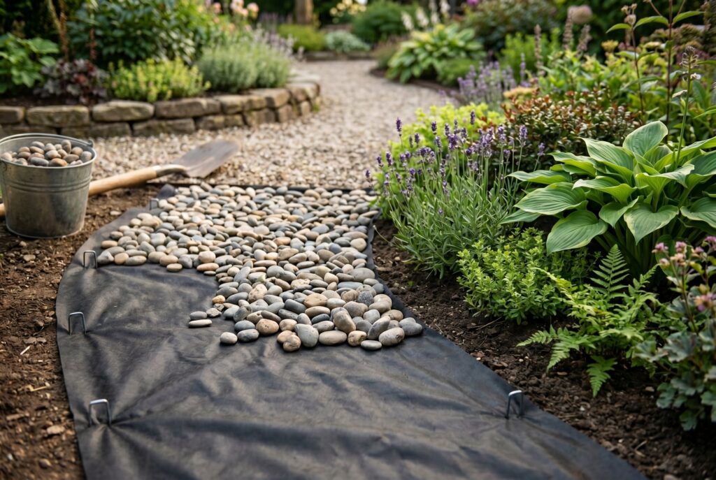 Landscape fabric under decorative river rock pathway with low maintenance planting beds.