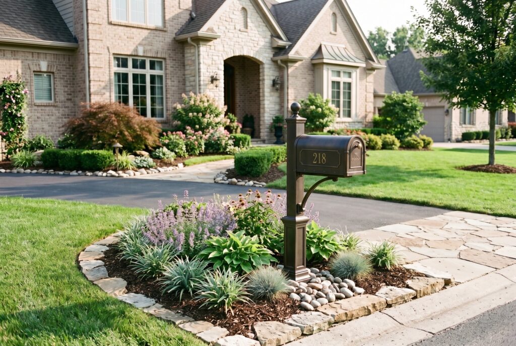 Mailbox landscaping with river rocks, perennials, and tidy curb appeal design.