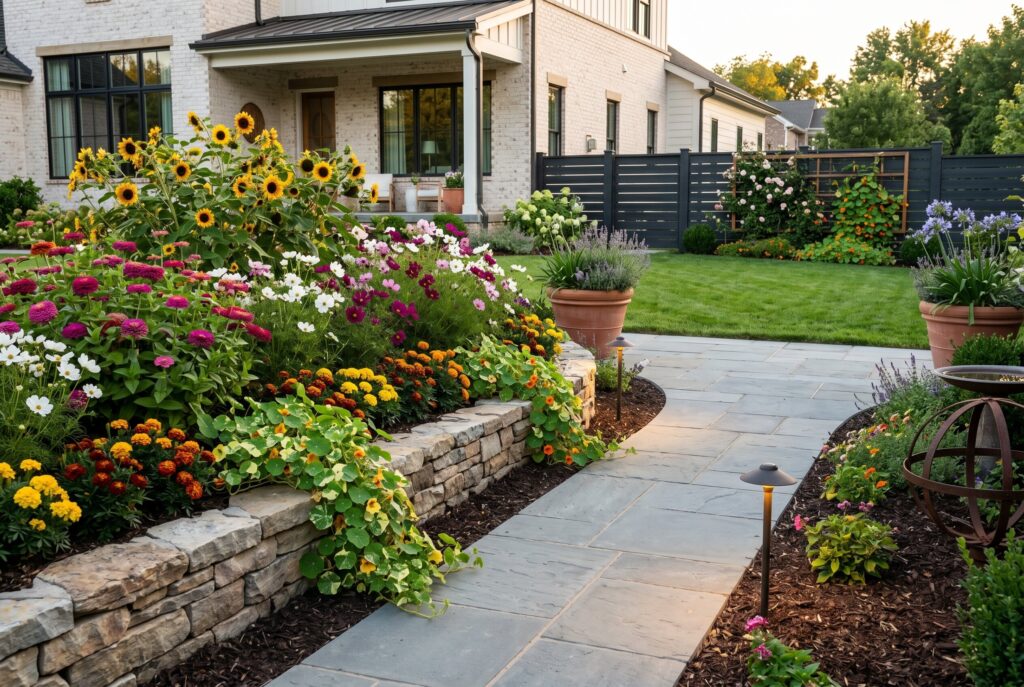 Flower garden grown from seed with zinnias, sunflowers, and colorful front yard blooms.