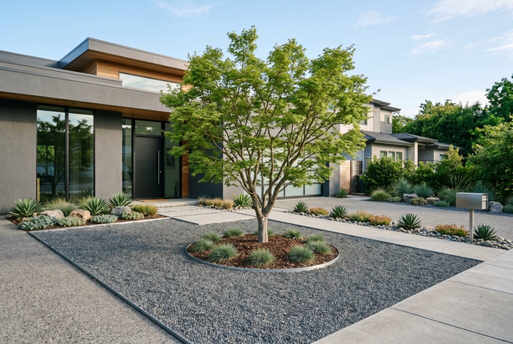Minimalist front yard landscaping with one focal tree and gravel ground cover.