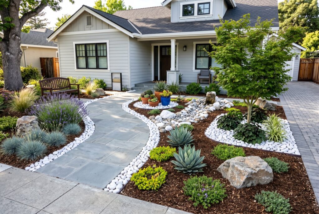 White marble stone landscaping accents with curved beds and drought tolerant plants.