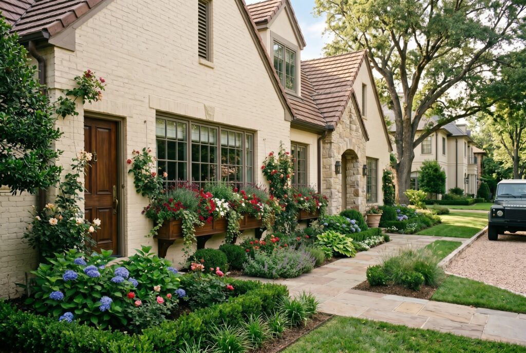 Window boxes with colorful flowers and cottage style front yard landscaping.