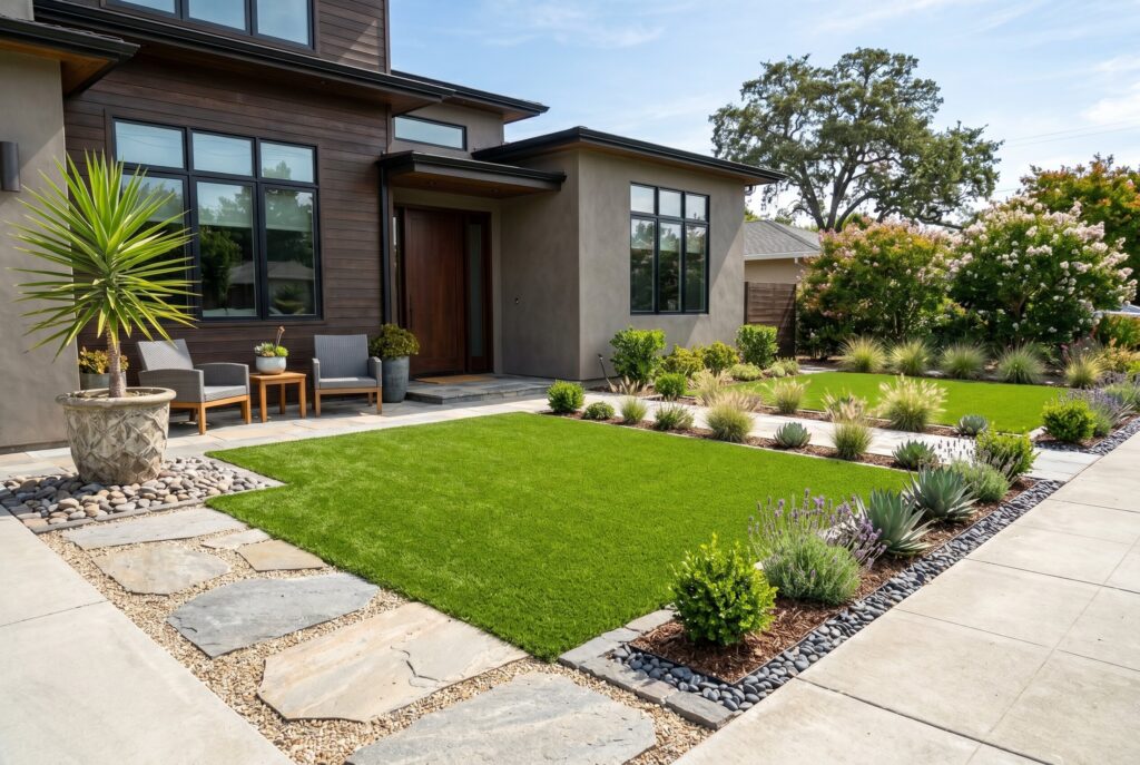 High quality artificial turf with modern front yard landscaping and drought tolerant plantings.