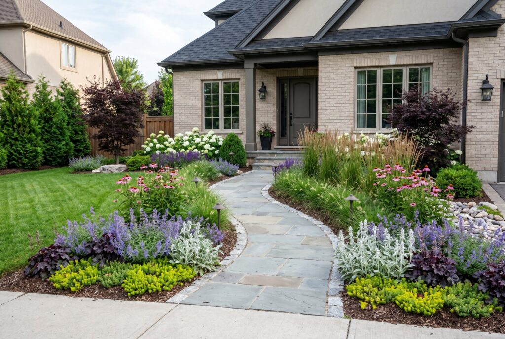 Layered front yard planting design with shrubs, perennials, and groundcover along walkway.