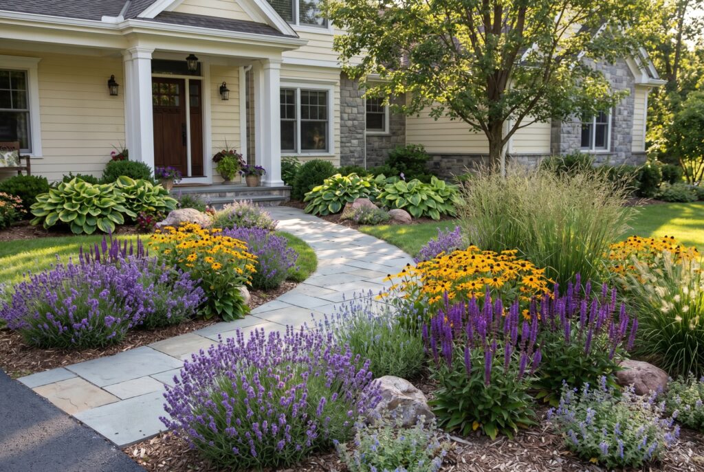 Front yard perennial garden with lavender, ornamental grasses, and colorful flower beds.