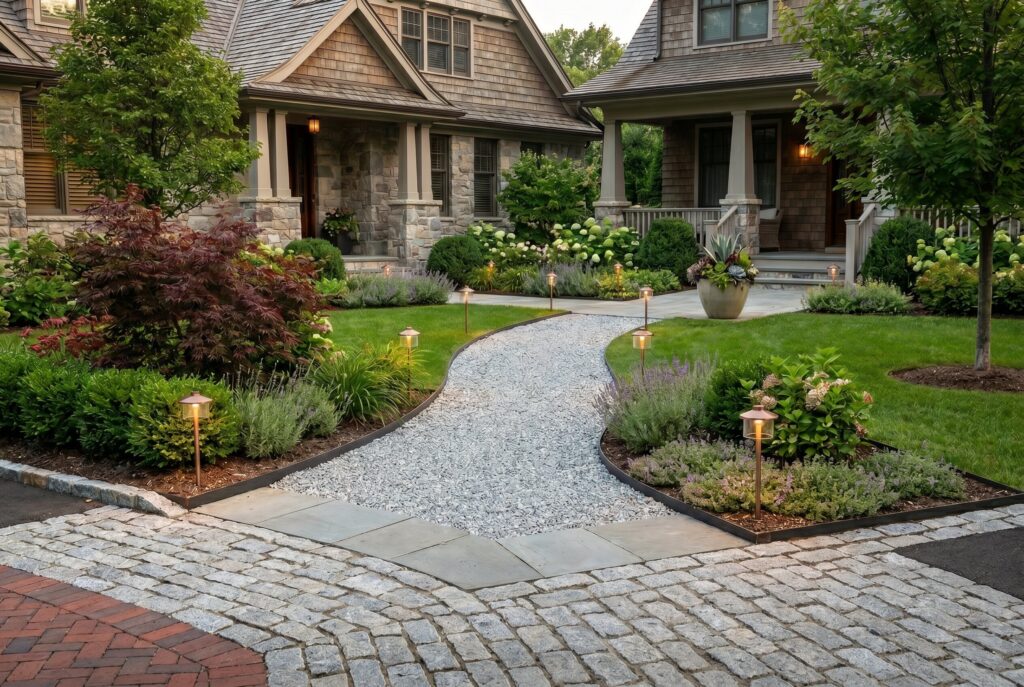 Curved gravel walkway with solar lights and landscaped garden borders.