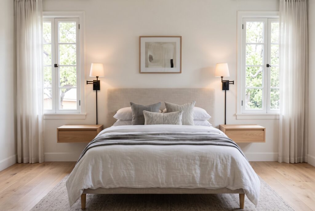 Warm minimalist bedroom with floating nightstands and layered neutral bedding textures. 