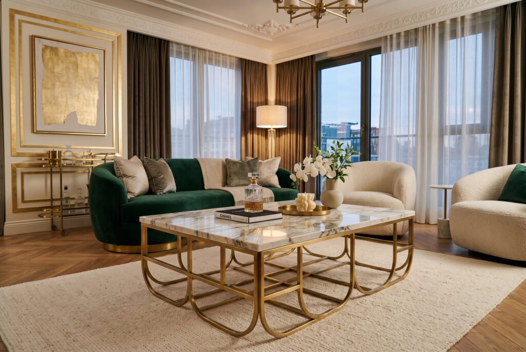 Marble and brass coffee table in modern Art Deco living room with neutral seating. 