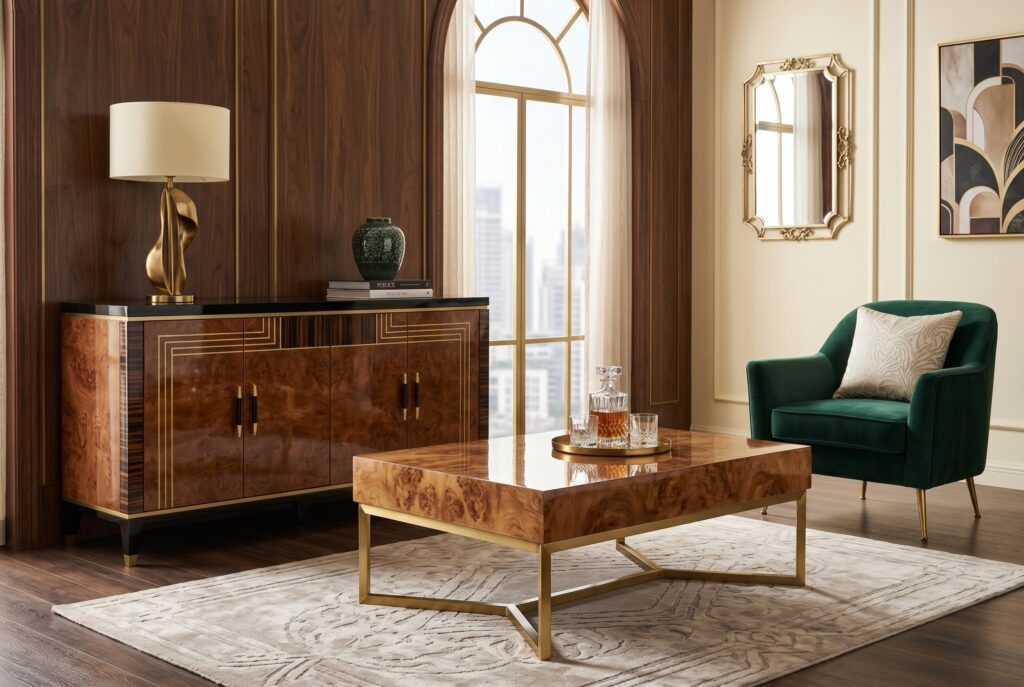 Art Deco furniture with glossy burl wood table, brass accents, and emerald green armchair.