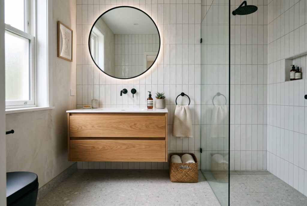 Floating vanity with continuous floor tile and frameless glass shower enclosure. 
