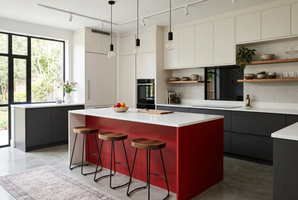 Modern kitchen with red island, dark cabinetry, open shelving, and minimalist pendant lighting. 
