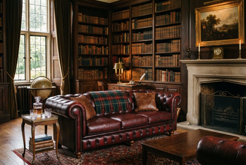 Leather Chesterfield sofa centerpiece with library bookshelves and classic fireplace design. 