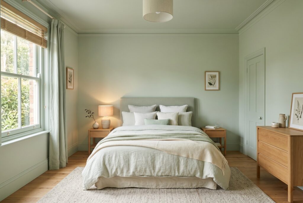 Coastal green blue bedroom with white bedding and driftwood inspired furniture.