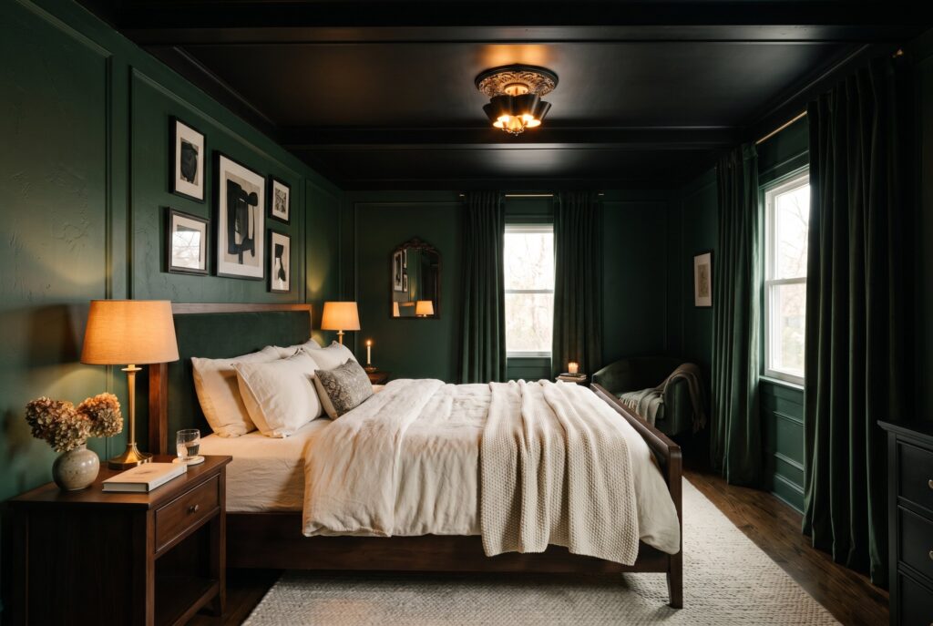 Dark green bedroom with black ceiling and hotel inspired moody decor.