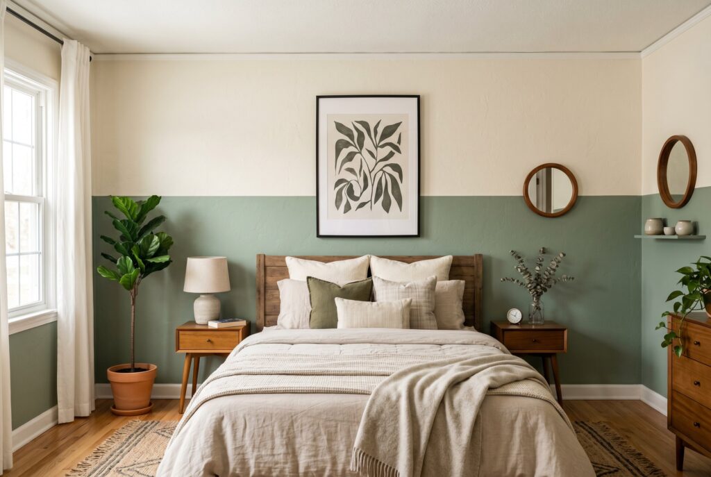 Sage green half painted wall with cream upper walls and tailored bedroom styling.