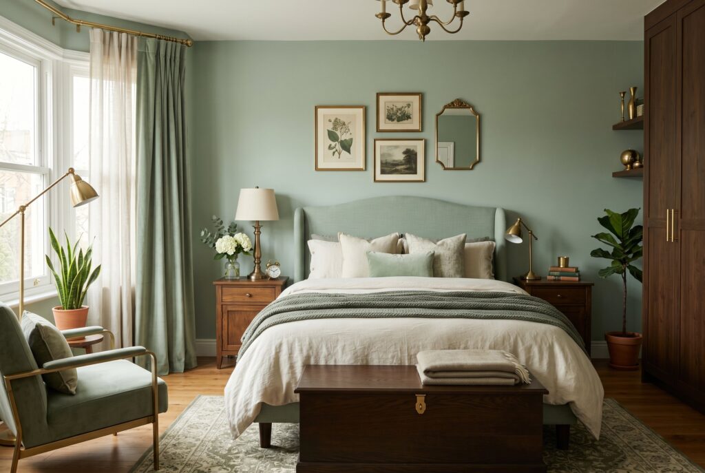 Pastel green bedroom with brass accents, vintage decor, and warm wood furniture.