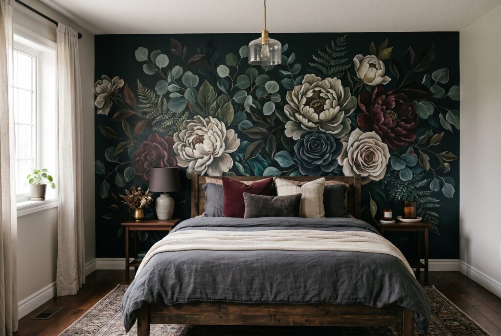 Moody floral mural bedroom with oversized botanical blooms and romantic decor.