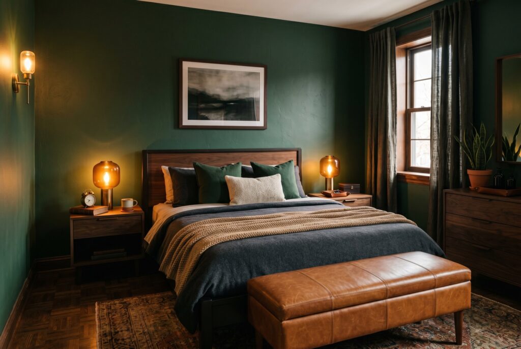 Moody forest green bedroom with leather bench and warm ambient lighting.