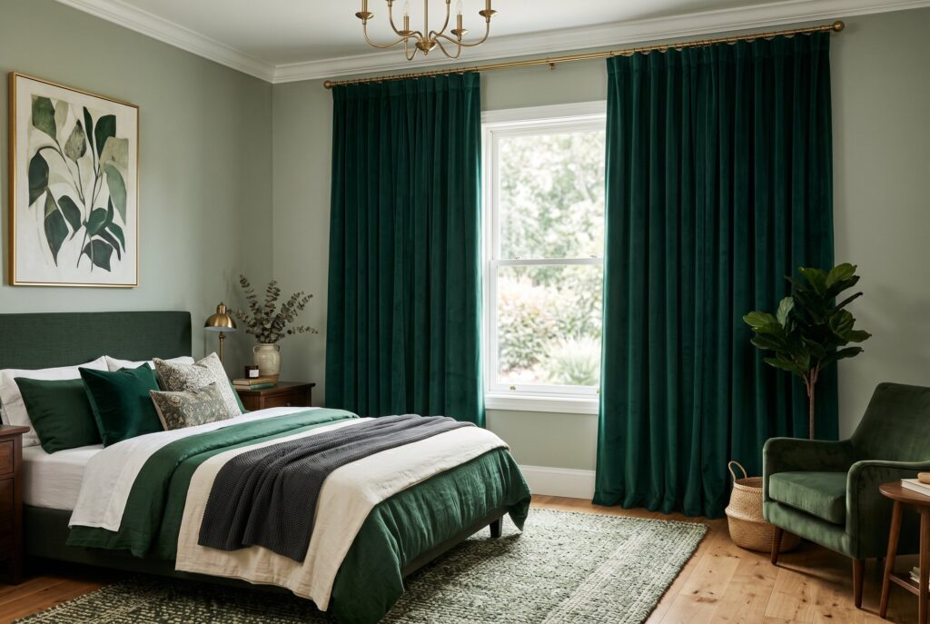Emerald green blackout curtains with matching bedding and cozy bedroom styling.
