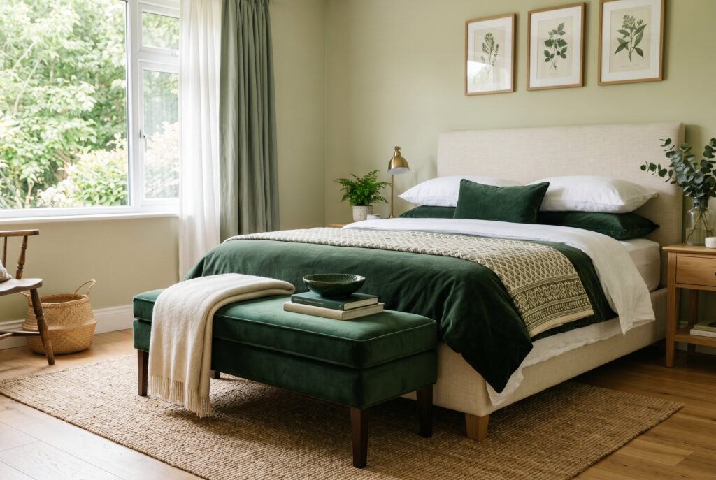 Green upholstered bench at foot of bed with layered neutral bedding.