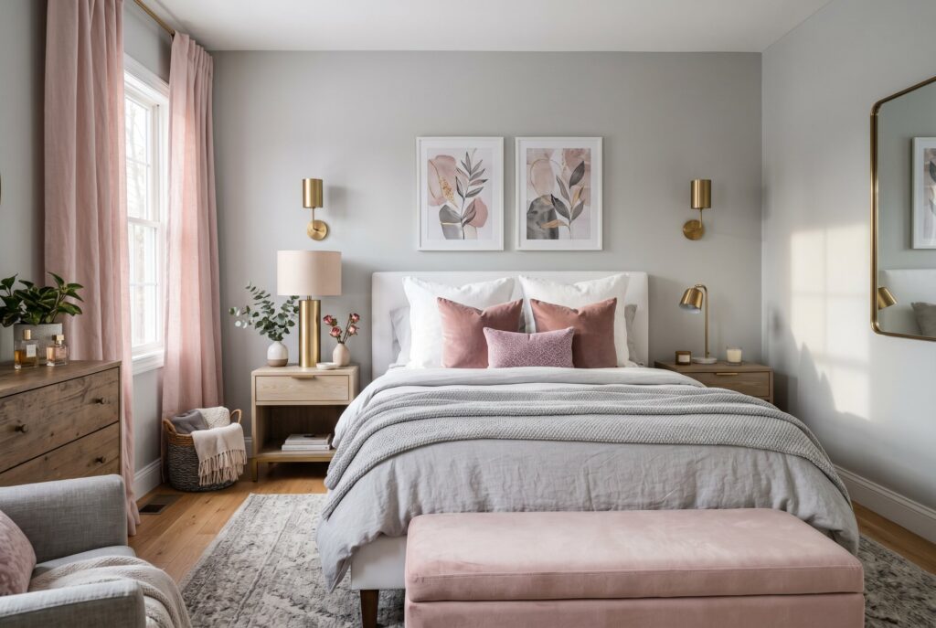 Blush pink accents in gray bedroom with brass lighting and soft romantic bedding. 
