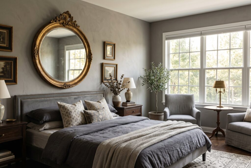 Antiqued gold mirror in gray bedroom with warm lighting and layered neutral bedding. 