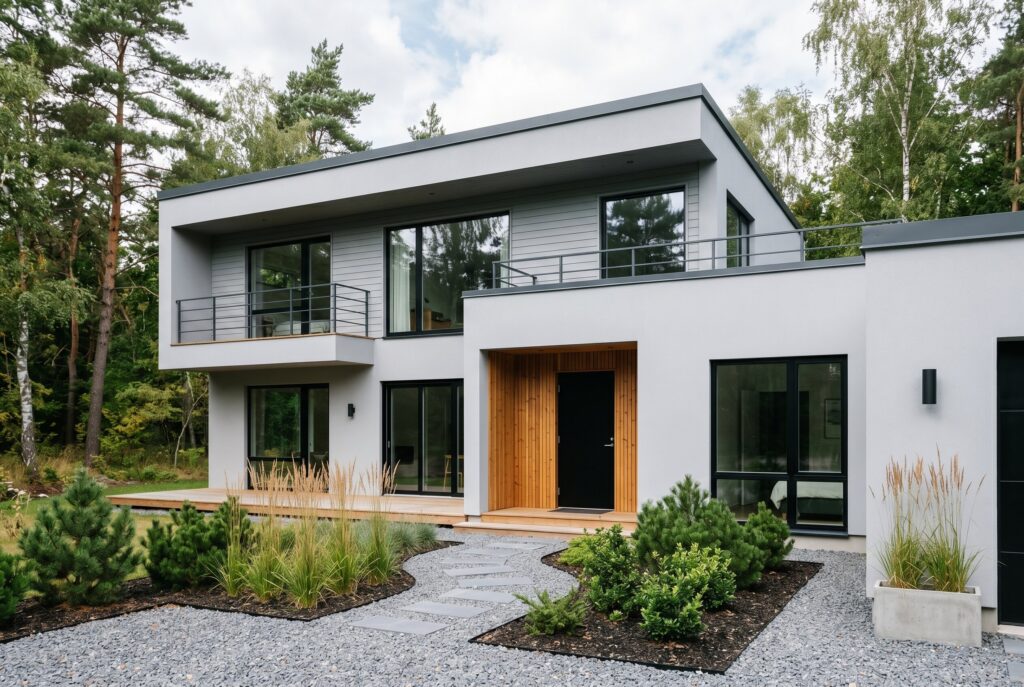 Pale silver grey exterior house with black window frames and Scandinavian modern design.