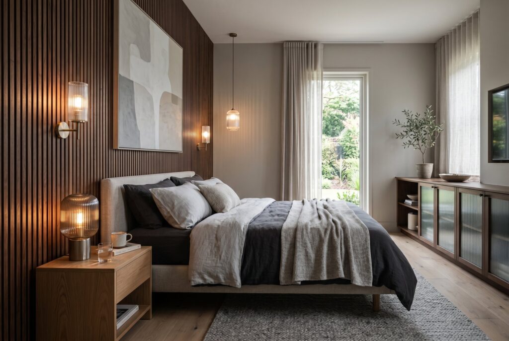 Fluted wood panel accent wall in modern gray bedroom with vertical texture details. 