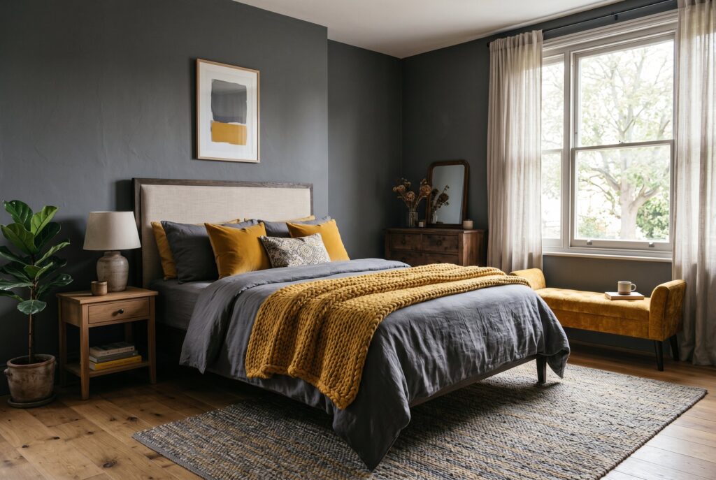 Mustard yellow accents in gray bedroom with chunky knit throw and cozy neutral decor. 