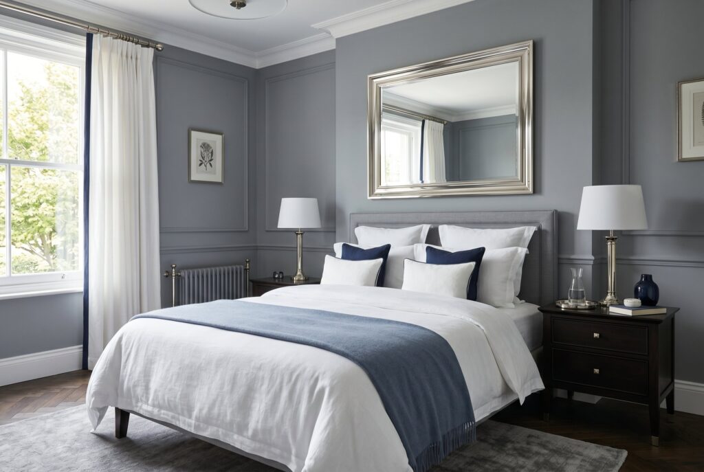 Polished nickel accents in cool gray bedroom with navy bedding and elegant styling. 