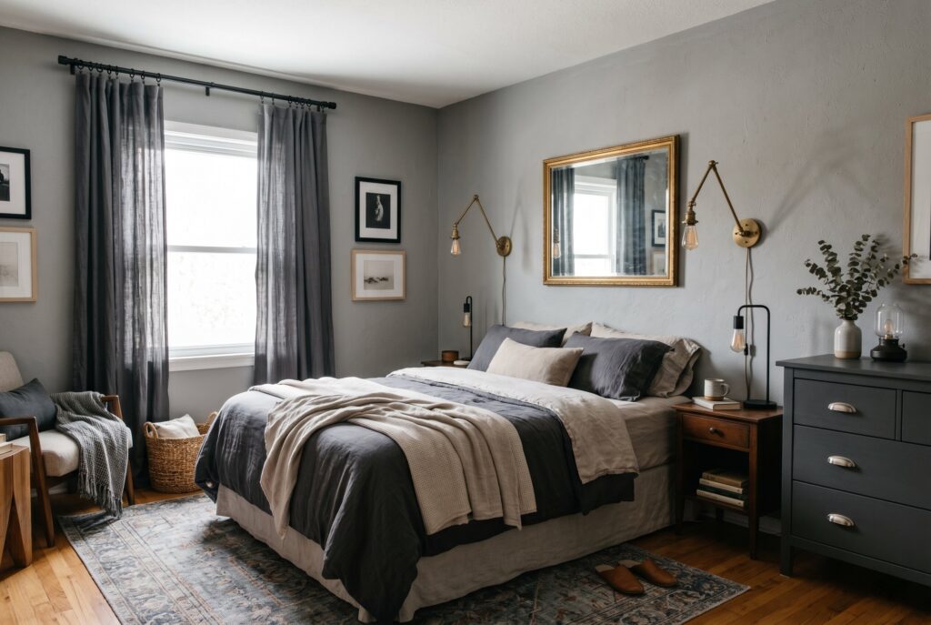 Mixed metal accents in gray bedroom with gold mirror and matte black curtain rods. 