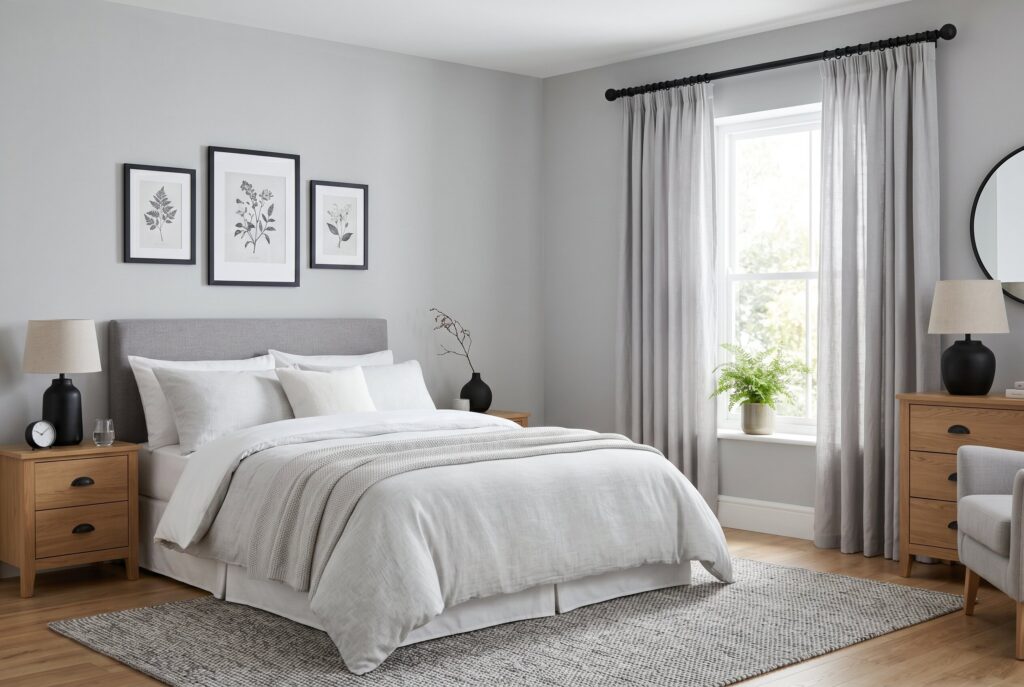 Matte black curtain rods in pale gray bedroom with white bedding and clean lines. 