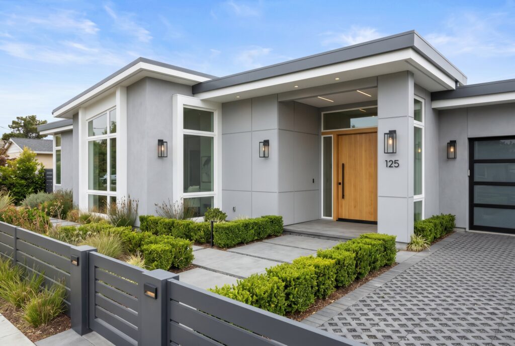 Soft dove grey exterior house colors with white trim and modern minimalist landscaping.