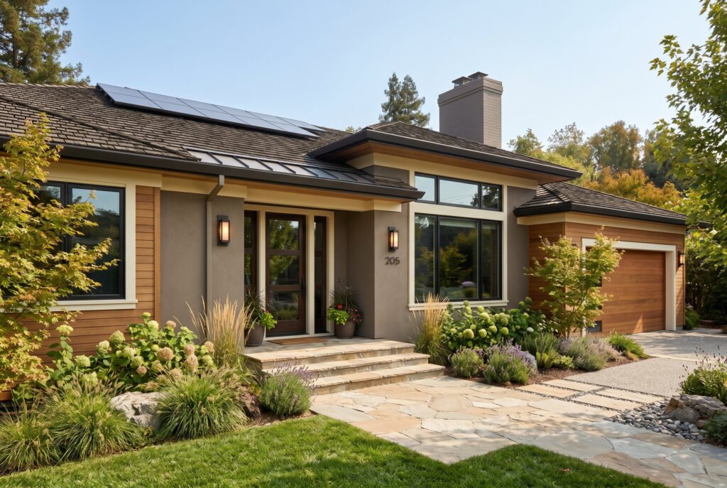 Taupe greige exterior house with cream accents and traditional luxury architecture.