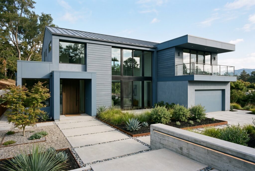 Steel blue grey modern exterior house with oversized windows and minimalist landscaping.
