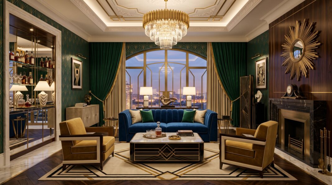 Luxurious Art Deco living room with velvet seating, chandelier, and geometric brass wall mirror.