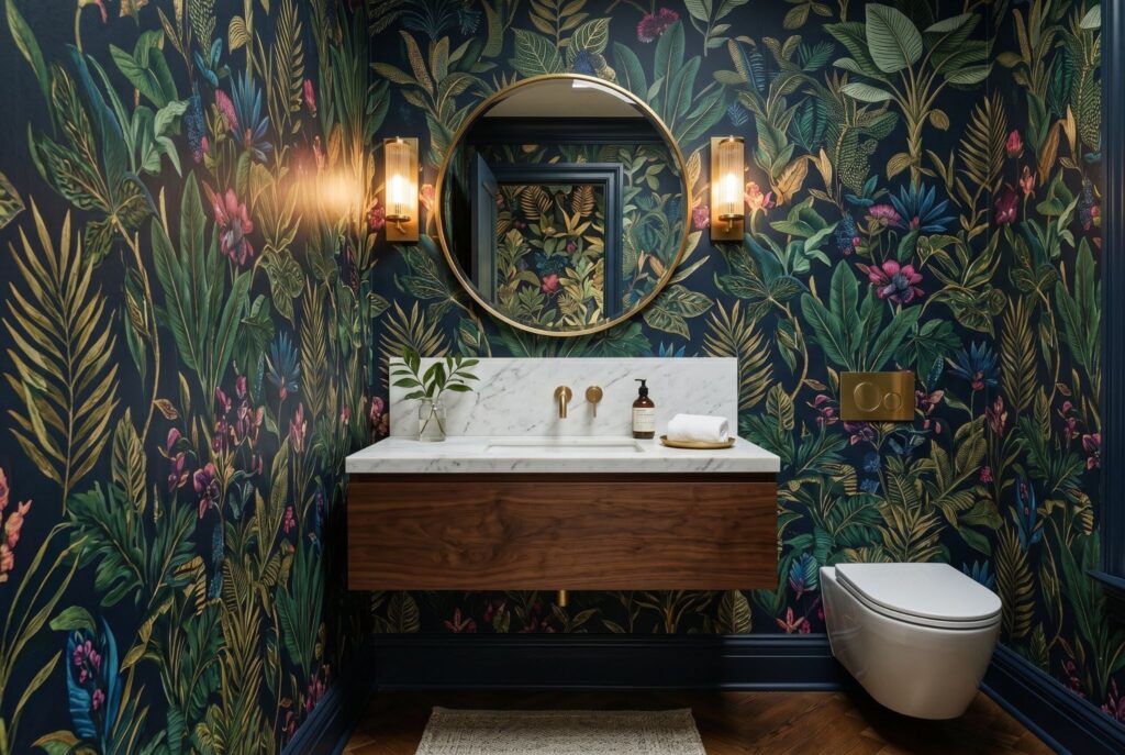 Small bathroom hardware upgrade ideas with brass fixtures and modern vanity design. 