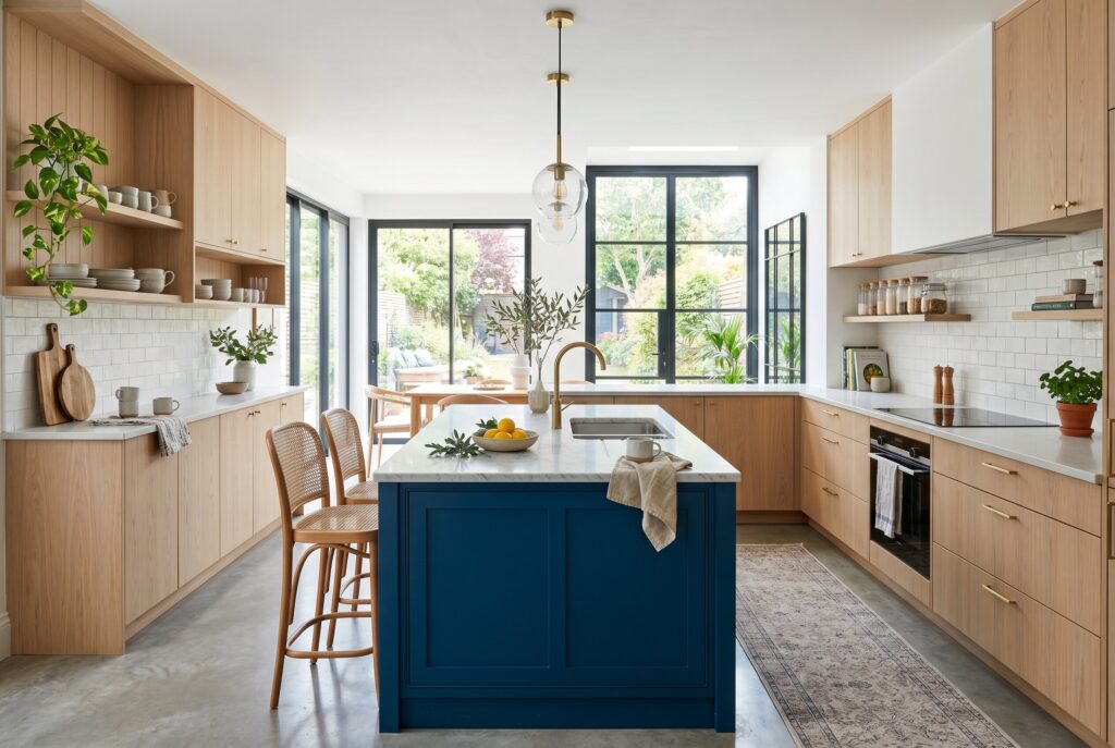 Deep blue kitchen island paired with pale oak cabinets and large black windows.
