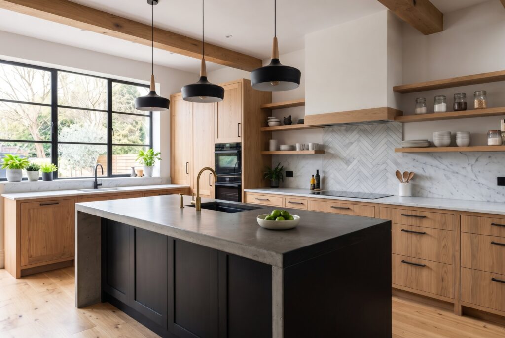 Black kitchen island with natural wood cabinets in a modern industrial kitchen. 